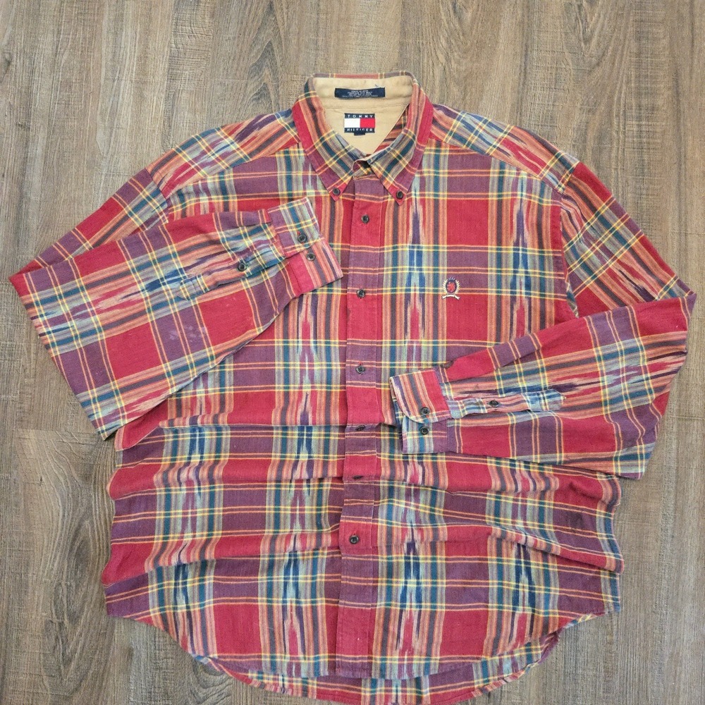 VTG Tommy Hilfiger Plaid Shirt Men L Red Ikat Button Down Long Sleeve Cotton Y2K